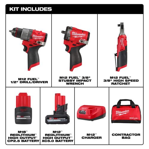 M12 FUEL Impact Wrench, Drill/Driver, Ratchet Kit 2 M12 FUEL Impact Wrench, Drill/Driver, Ratchet Kit