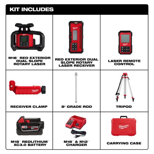 M18 Dual Slope Rotary Laser Level Kit w/ Receiver, Remote, Grade Rod & Tripod