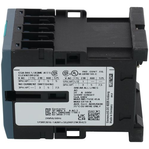 3 Pole 24V 9 Amp 1N/O Auxiliary Contactor