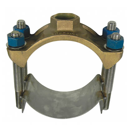 3845 8" x 3/4" Wide Stainless Steel Single Band Service Saddle w/ Brass Top, AWWA Tap, 9.05" OD