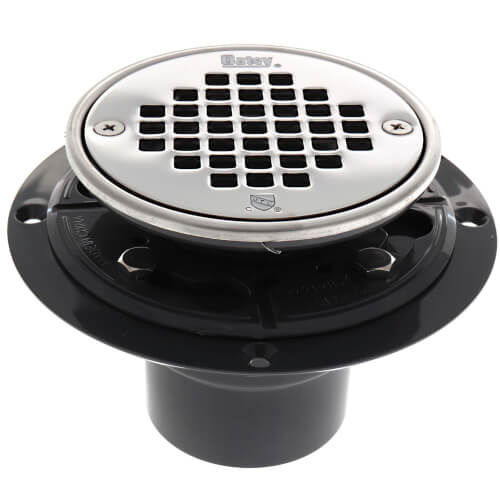 2" or 3" PVC Shower Drain with Round Screw-In Stainless Steel Strainer, Tile Ring & Test Plug