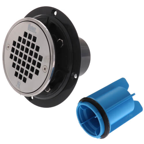 2" or 3" PVC Shower Drain with Round Screw-In Stainless Steel Strainer, Tile Ring & Test Plug