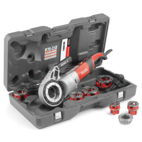 690-I Hand-Held Power Drive Pipe Threader w/ (6) 1/2" to 2" NPT 11R Die Heads, Ratchet Ring, Case, and Support Arm