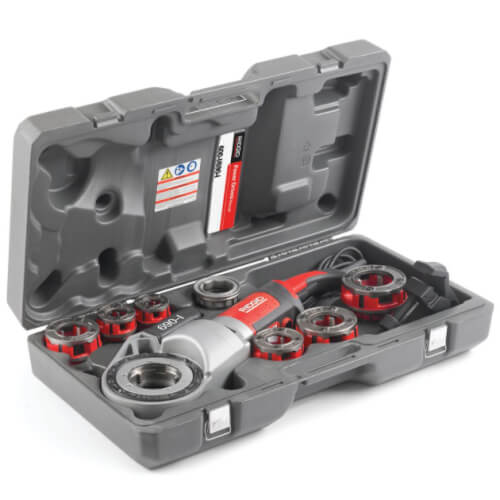 690-I Hand-Held Power Drive Pipe Threader w/ (6) 1/2" to 2" NPT 11R Die Heads, Ratchet Ring, Case, and Support Arm