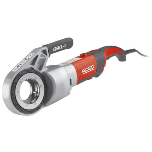 690-I Hand-Held Power Drive Pipe Threader w/ (6) 1/2" to 2" NPT 11R Die Heads, Ratchet Ring, Case, and Support Arm