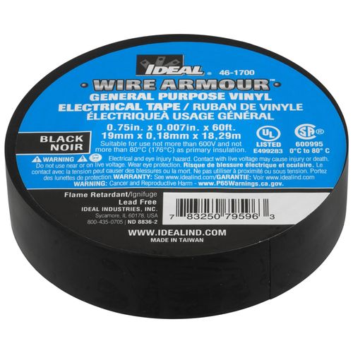 3/4" x 60' General Purpose Vinyl Electrical Tape, 7mm (Black)
