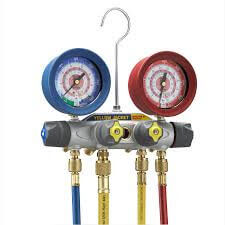 Brute II 4 Valve Test & Charging Manifold w/ 60" PLUS II RYB and 3/8" x 45° (R-134A/404A/407C)