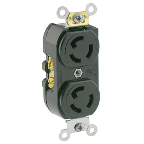 15A, 125V NEMA L5-15R, 2P, 3W, Duplex Locking Receptacle, Common Feed, Self-Grounding (Black)