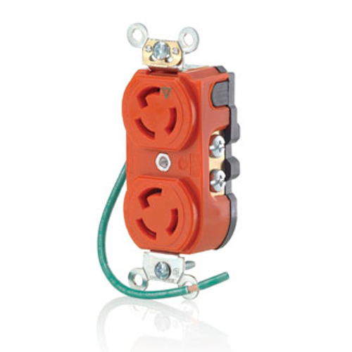 15A, 125V NEMA L5-15R, 2P, 3W, Duplex Locking Receptacle, Isolated Ground, Integral 6" Ground Lead (no ground screw) (Orange)