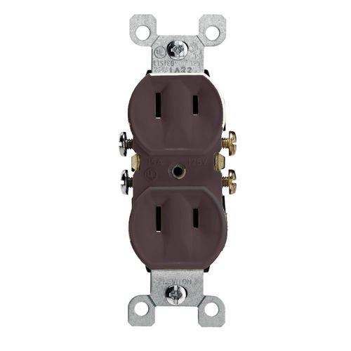15A, 125V NEMA 1-15R, 2p, 2w, w/ Ears Duplex Receptacle, Straight Blade, Residential Grade, Non-grounding, Side Wired, Steel Strap (Brown)
