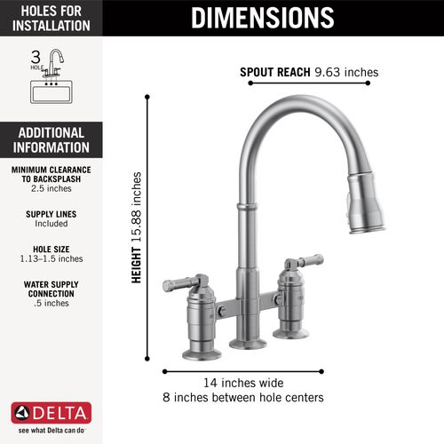 Broderick 2 Handle Pulldown Bridge Kitchen Faucet (Arctic Stainless), 2390L-AR-DST