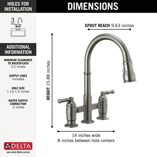 Broderick 2 Handle Pulldown Bridge Kitchen Faucet (Black Stainless), 2390L-KS-DST