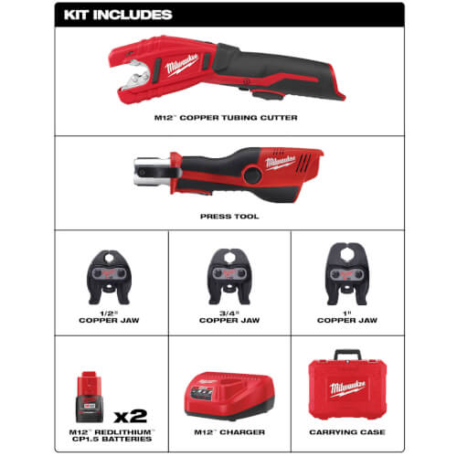 M12 Force Logic Package w/ 1/2" to 1" M12 Force Logic Copper Press Tool Kit & M12 Cordless Copper Tubing Cutter 2 M12 Force Logic Package w/ 1/2" to 1" M12 Force Logic Copper Press Tool Kit & M12 Cordless Copper Tubing Cutter