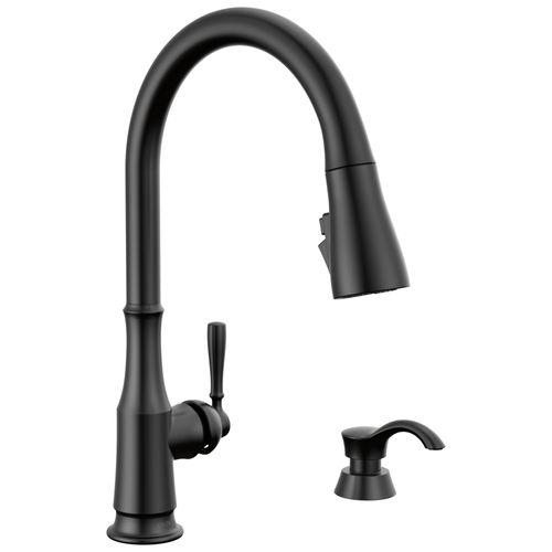 Capertee 1 Handle Pull-down Kitchen Faucet w/ Soap Dispenser & Shieldspray (Matte Black), 19877Z-BLSD-DST