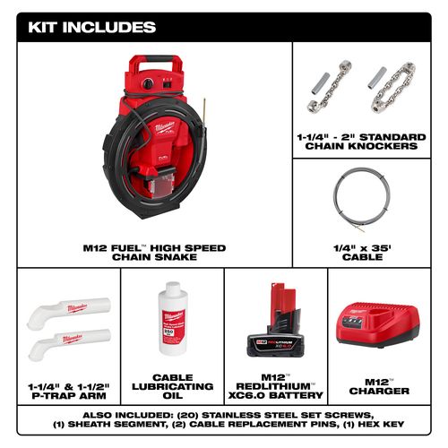 M12 FUEL High Speed Chain Snake for 1-1/4"-2" Pipes