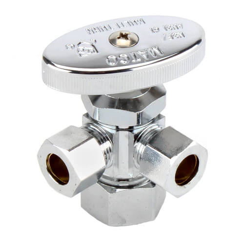 1/2" Nom Compression (5/8" OD) x 3/8" OD Compression x 3/8" OD Compression Dual Angle Stop Valve, Lead Free (Chrome)
