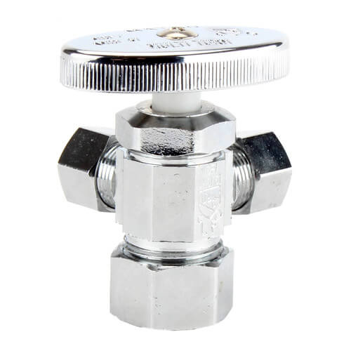 1/2" Nom Compression (5/8" OD) x 3/8" OD Compression x 3/8" OD Compression Dual Angle Stop Valve, Lead Free (Chrome)