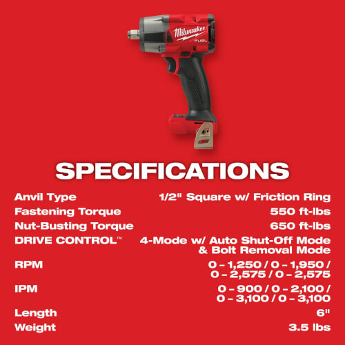 M18 Fuel 1/2" Mid-Torque Impact Wrench w/ Friction Ring (Bare Tool Only) 8 M18 Fuel 1/2" Mid-Torque Impact Wrench w/ Friction Ring (Bare Tool Only)