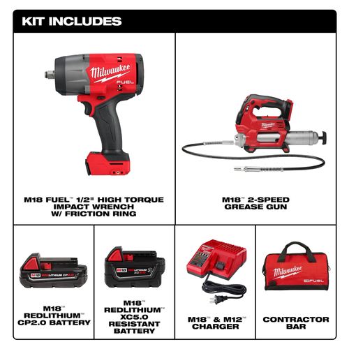 M18 Fuel 1/2" High Torque Impact Wrench w/ Friction Ring & Grease Gun