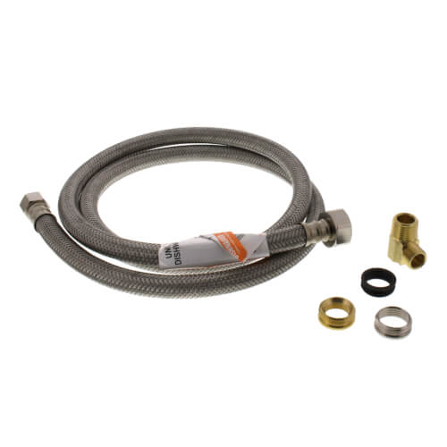 48" Braided Stainless Steel Fits-All Dishwasher Connector w/ MIP Elbow & Adapters (3/8" Comp. x 1/2" FIP)