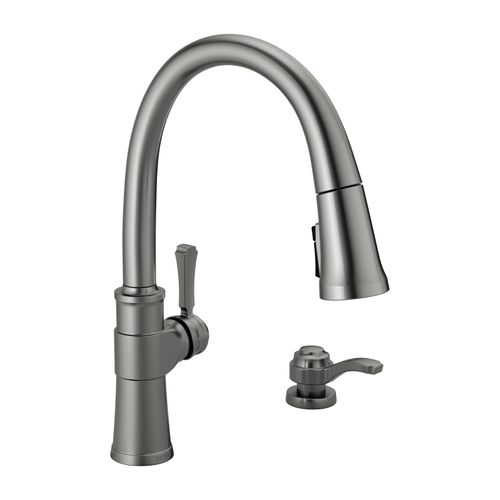 1 Handle Pull-down Kitchen Faucet w/ Soap Dispenser & Shieldspray (Black Stainless), 19964Z-KSSD-DST