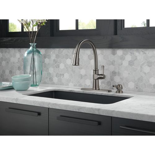 1 Handle Pull-down Kitchen Faucet w/ Soap Dispenser & Shieldspray (Black Stainless), 19964Z-KSSD-DST
