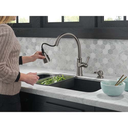 1 Handle Pull-down Kitchen Faucet w/ Soap Dispenser & Shieldspray (Black Stainless), 19964Z-KSSD-DST