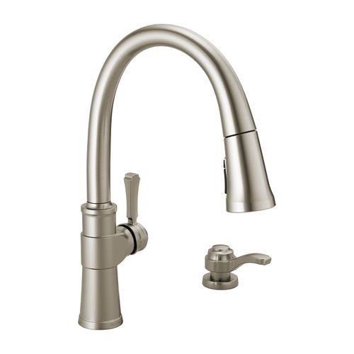 Spargo 1 Handle Pull-down Kitchen Faucet w/ Soap Dispenser & Shieldspray (Spotshield Stainless), 19964Z-SPSD-DST