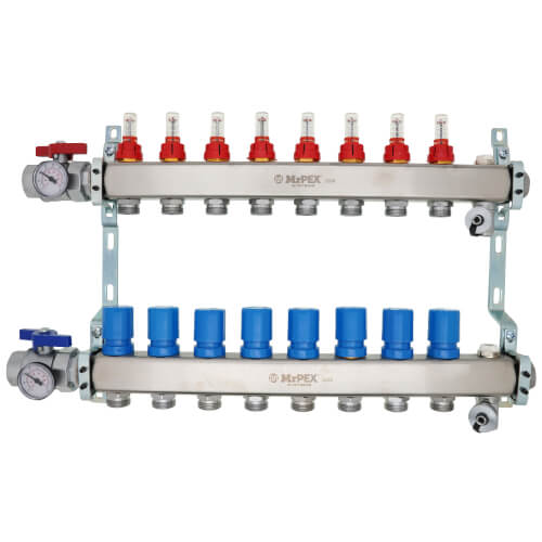 8 Loop 1-1/4" Stainless Steel Manifold w/ Flowmeter & Ball Valve (Fully Assembled)